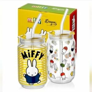 Miffy Set Of 2 Drinking Glasses With Straw And Lid 16 OZ / 480 ML